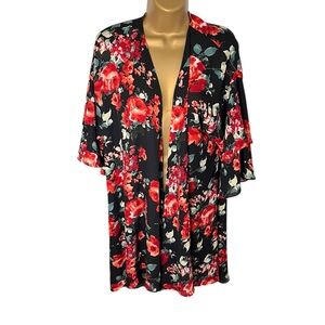 Meri Skye Floral Kimono Open Front Duster Black 0X
